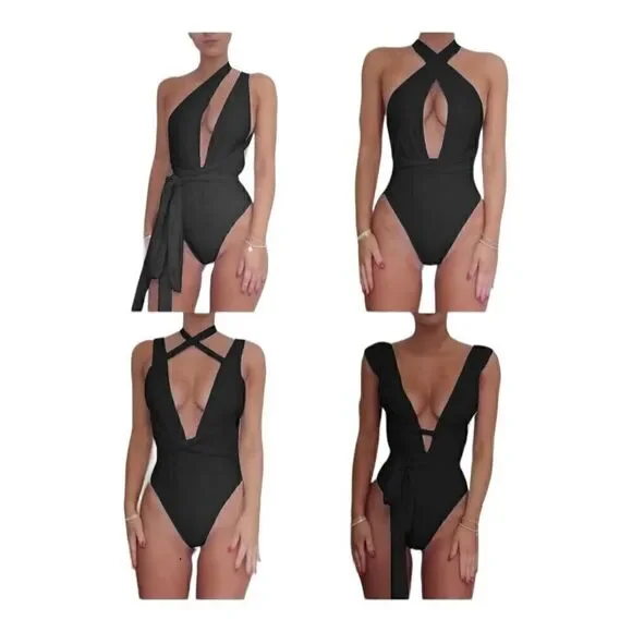 Lilosy Womens Black Halter Deep V-Neck Wrap Tie Waist One-Piece Swimsuit Size L - Picture 11 of 14